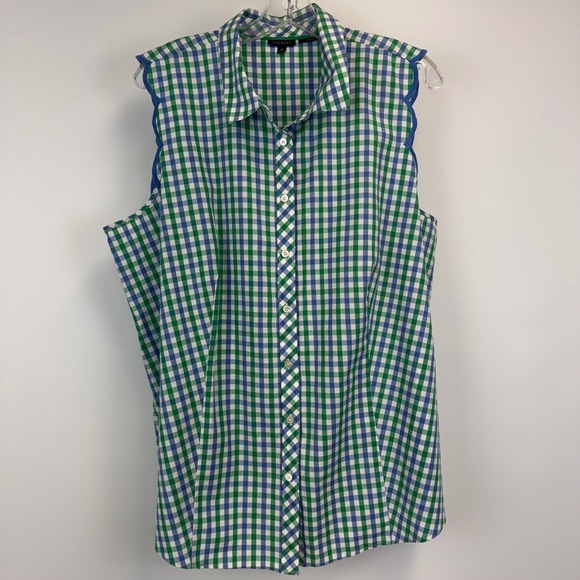 Talbots Tops - Talbots Womens 18 Gingham Sleeveless Button Down Shirt Scallop Trim Green Blue